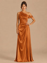 Burnt Orange-satin one shoulder prom dress ruched long formal gow Jovelle