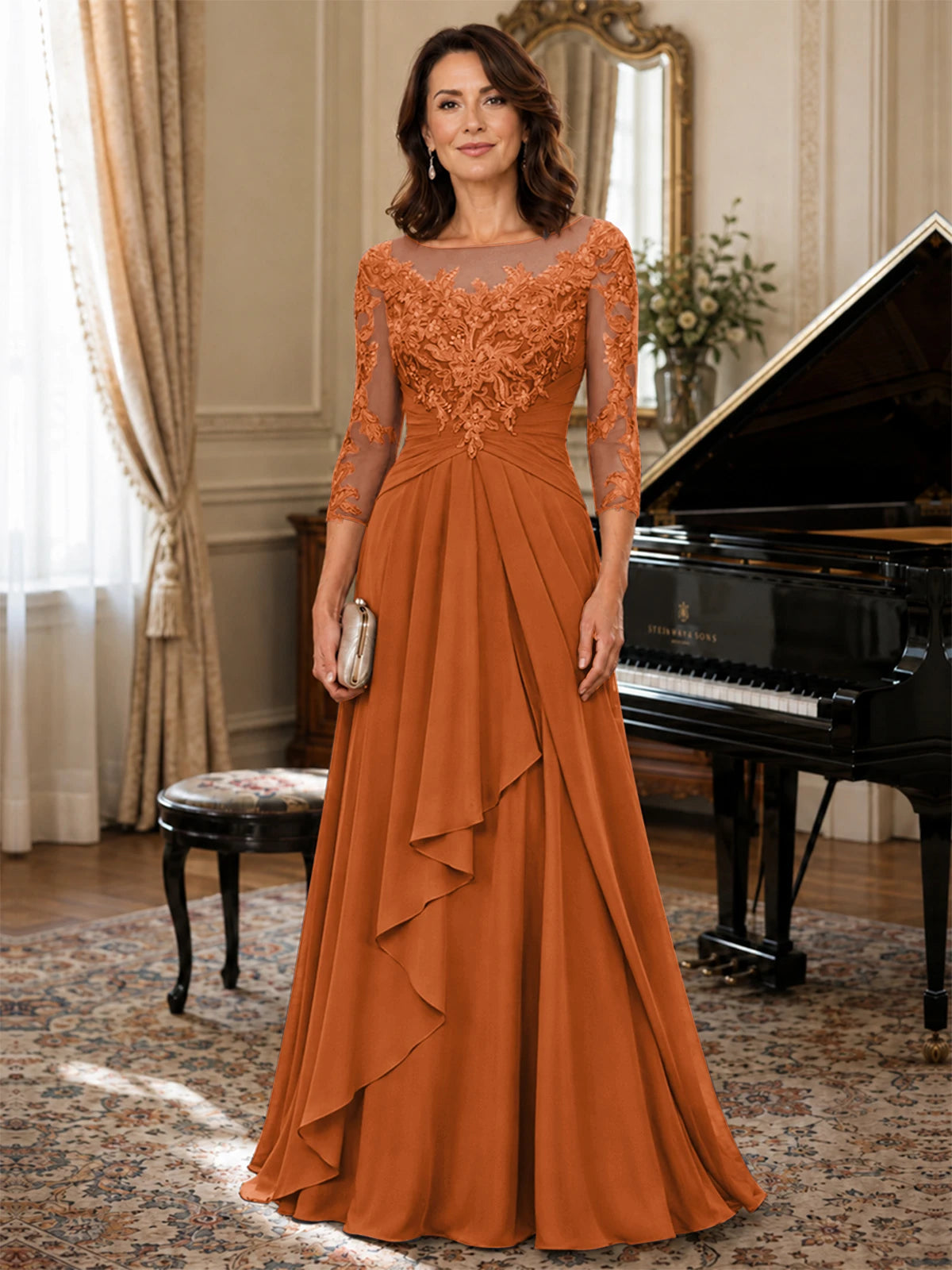 A-Line Chiffon Mother of the Bride Dress with Floral Applique 3/4 Sleeves