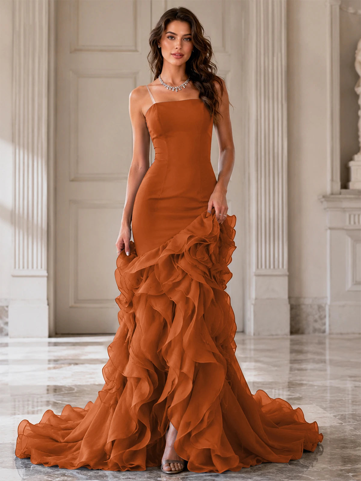 Mermaid Formal Evening Dress with Layered Ruffle Train