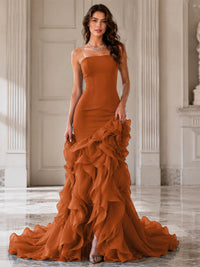 Mermaid Formal Evening Dress with Layered Ruffle Train