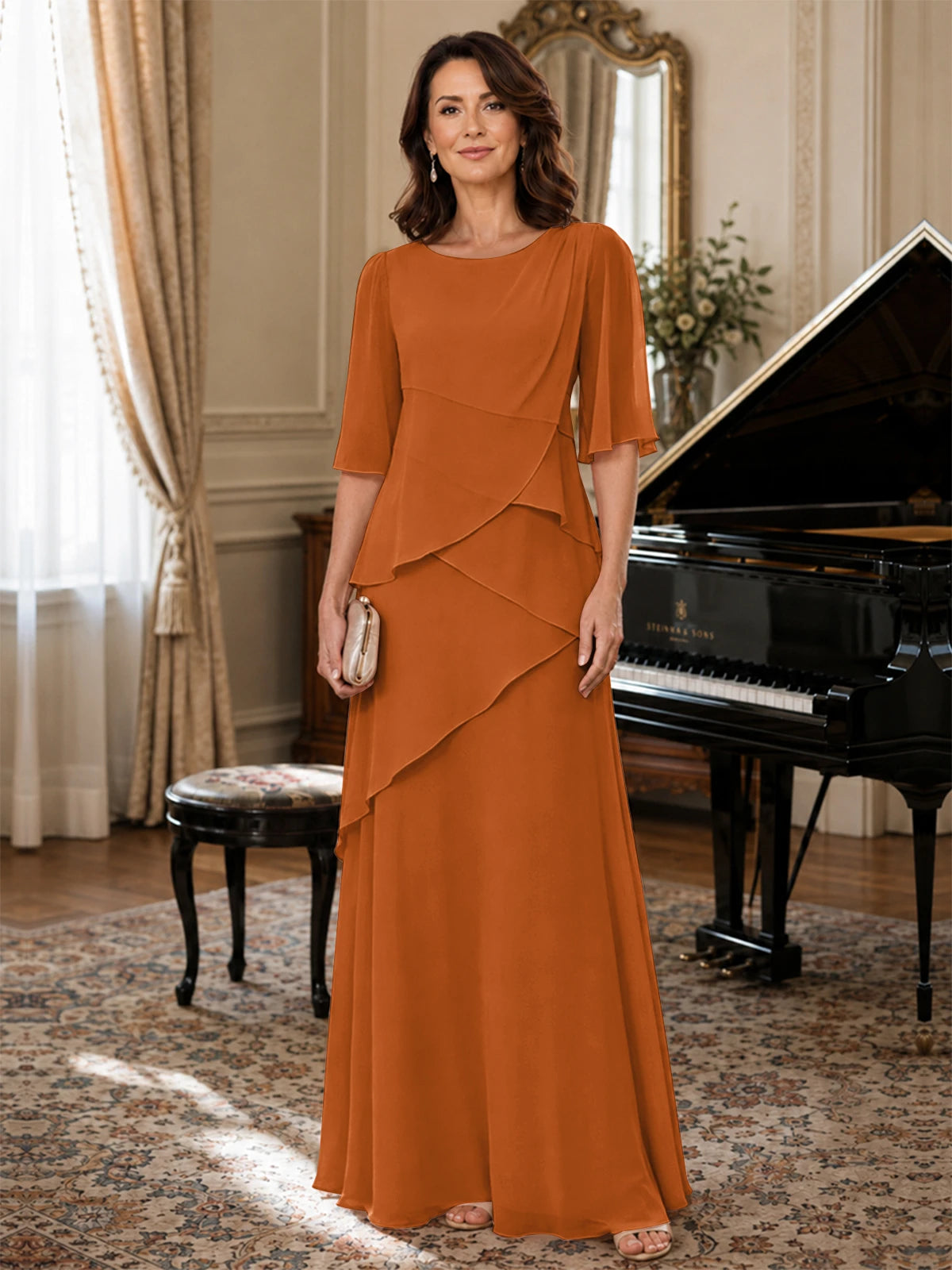Asymmetric Draped Chiffon Mother of the Bride Dress with Flutter Sleeves