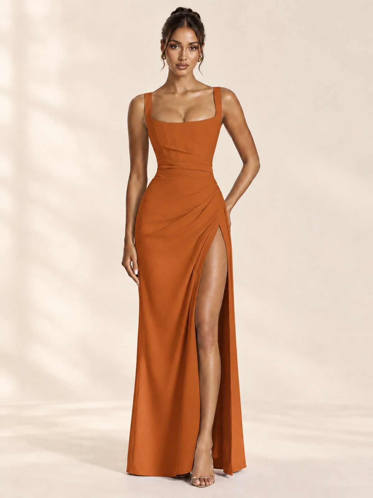 Square Neck Satin Sleeveless Ruched Prom Dress with High Slit