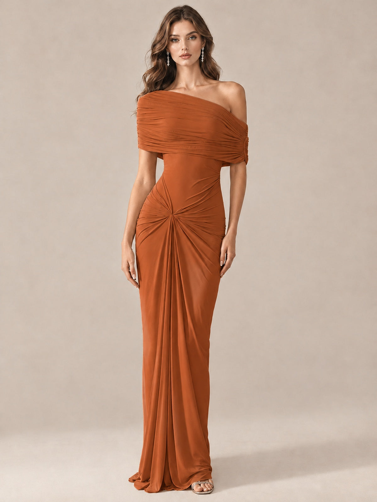 Elegant Draped Off Shoulder Ruched Mermaid Chiffon Formal Evening Gown