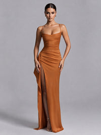 Burnt Orange Squre Neck Pleated Satin Prom Dresses for Teens Women Long Evening Formal Gown with Slit Ruffles
