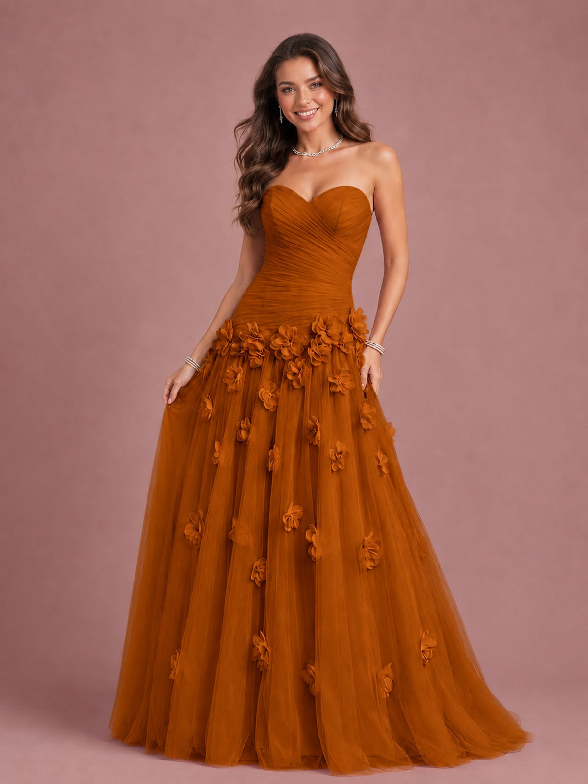 Blush Pink Strapless Sweetheart 3D Floral Tulle Ball Gown Prom Dres