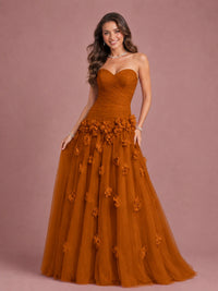 Blush Pink Strapless Sweetheart 3D Floral Tulle Ball Gown Prom Dres