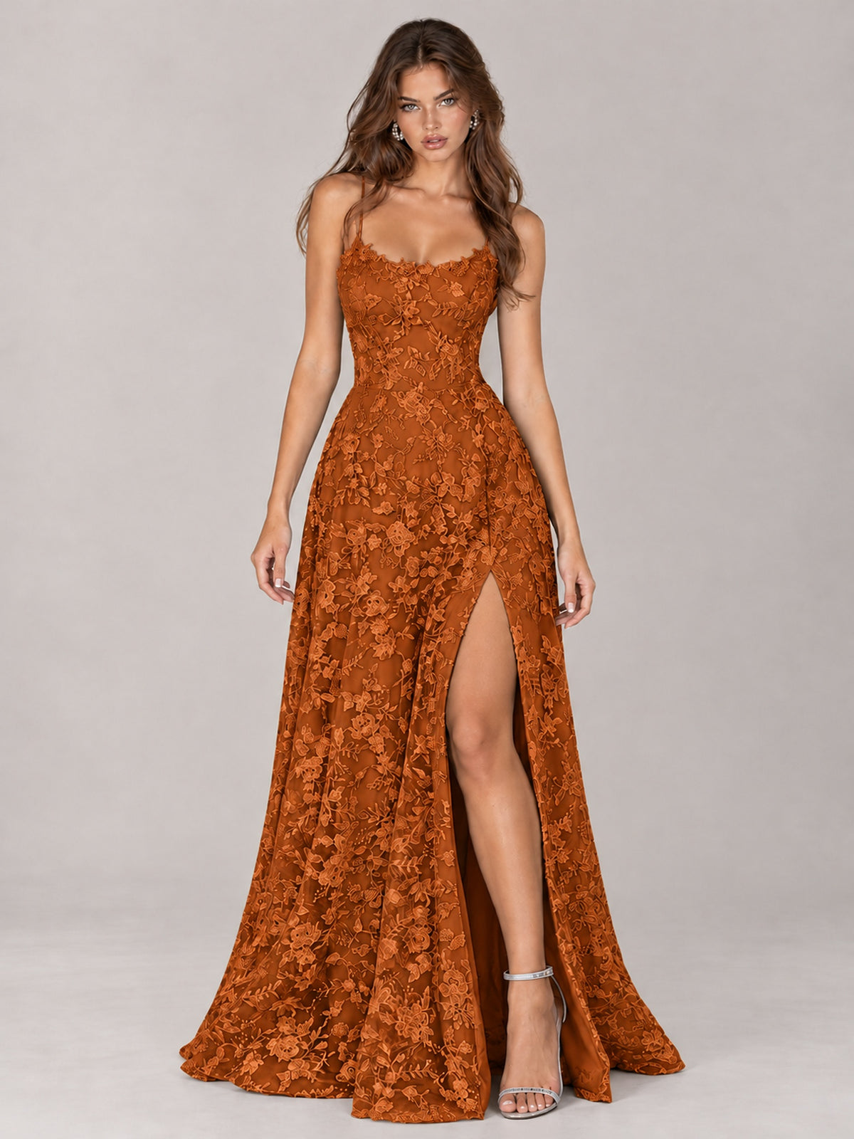 Floral Lace A-Line Prom Dress with Spaghetti Straps & High Slit