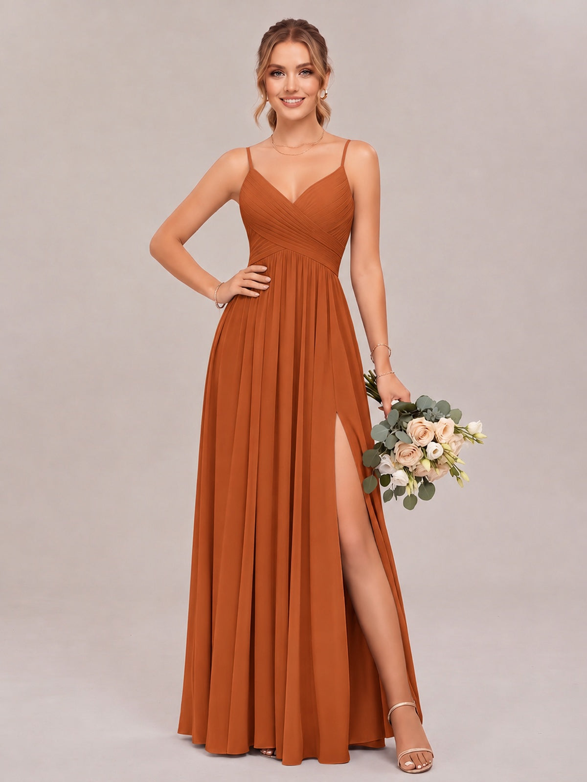 Burnt Orange Spaghetti Straps Pleated Chiffon Bridesmaid Dress with Slit V-Neck A-line Long Formal Evening Wedding Guest Gown