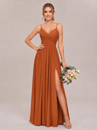 Burnt Orange Spaghetti Straps Pleated Chiffon Bridesmaid Dress with Slit V-Neck A-line Long Formal Evening Wedding Guest Gown