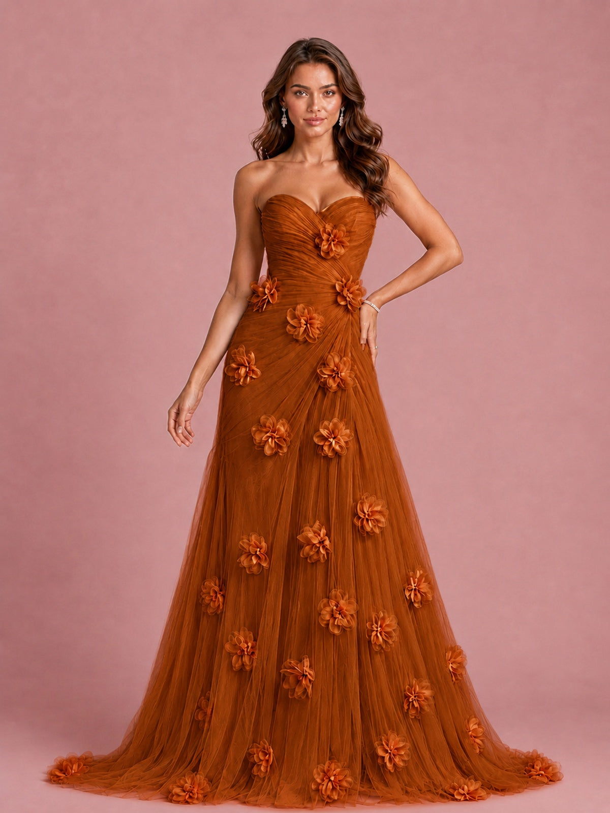 3D Floral Applique Strapless Tulle Prom Dress with High Slit