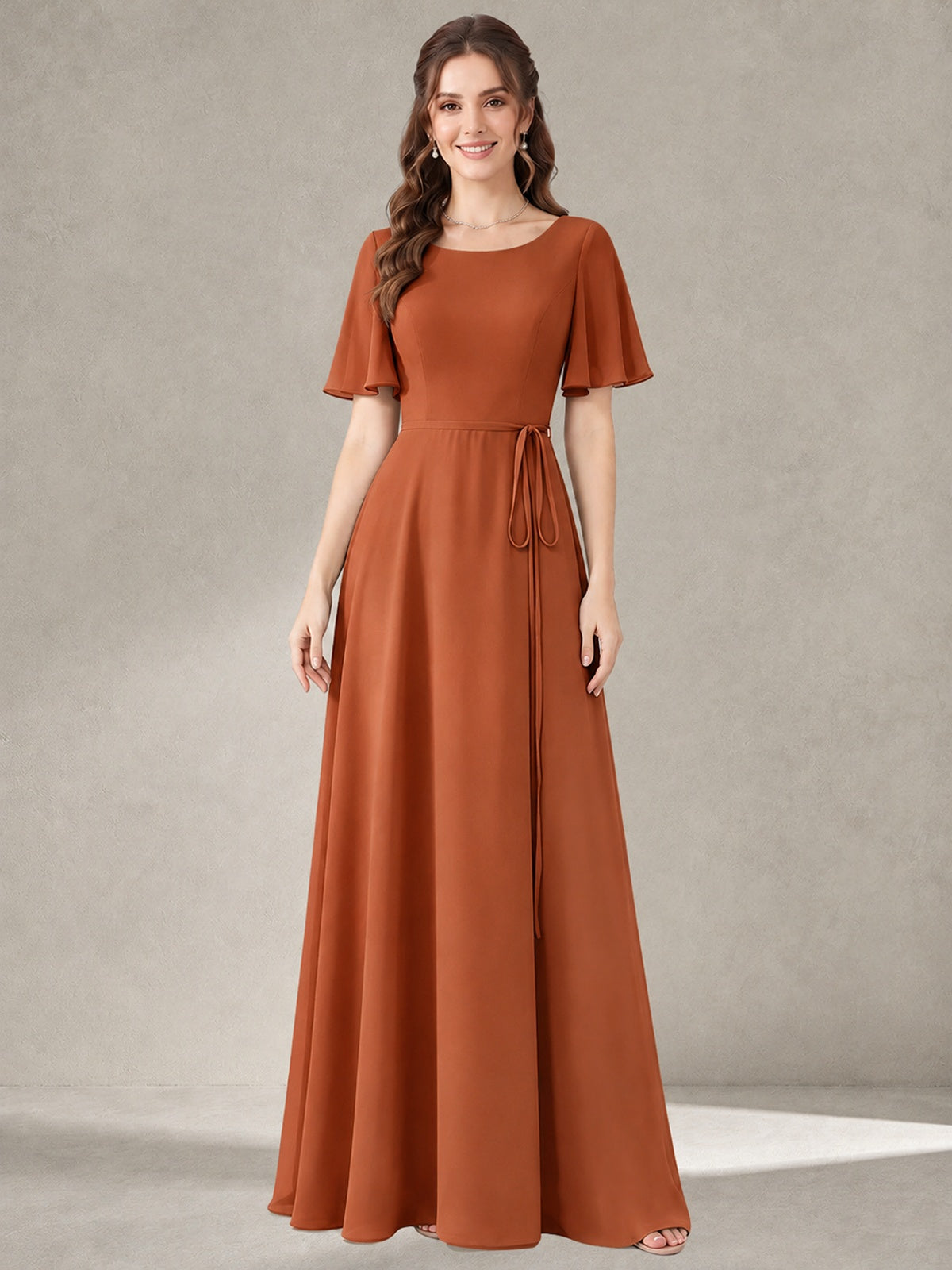 Burnt Orange Scoop Neck A-line Chiffon Bridesmaid Dress with Belt Flutter Sleeve Formal Wedding Guest Dress Evening Gown