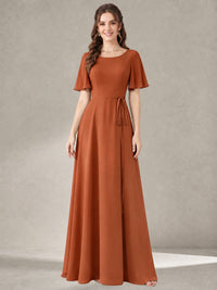 Burnt Orange Scoop Neck A-line Chiffon Bridesmaid Dress with Belt Flutter Sleeve Formal Wedding Guest Dress Evening Gown