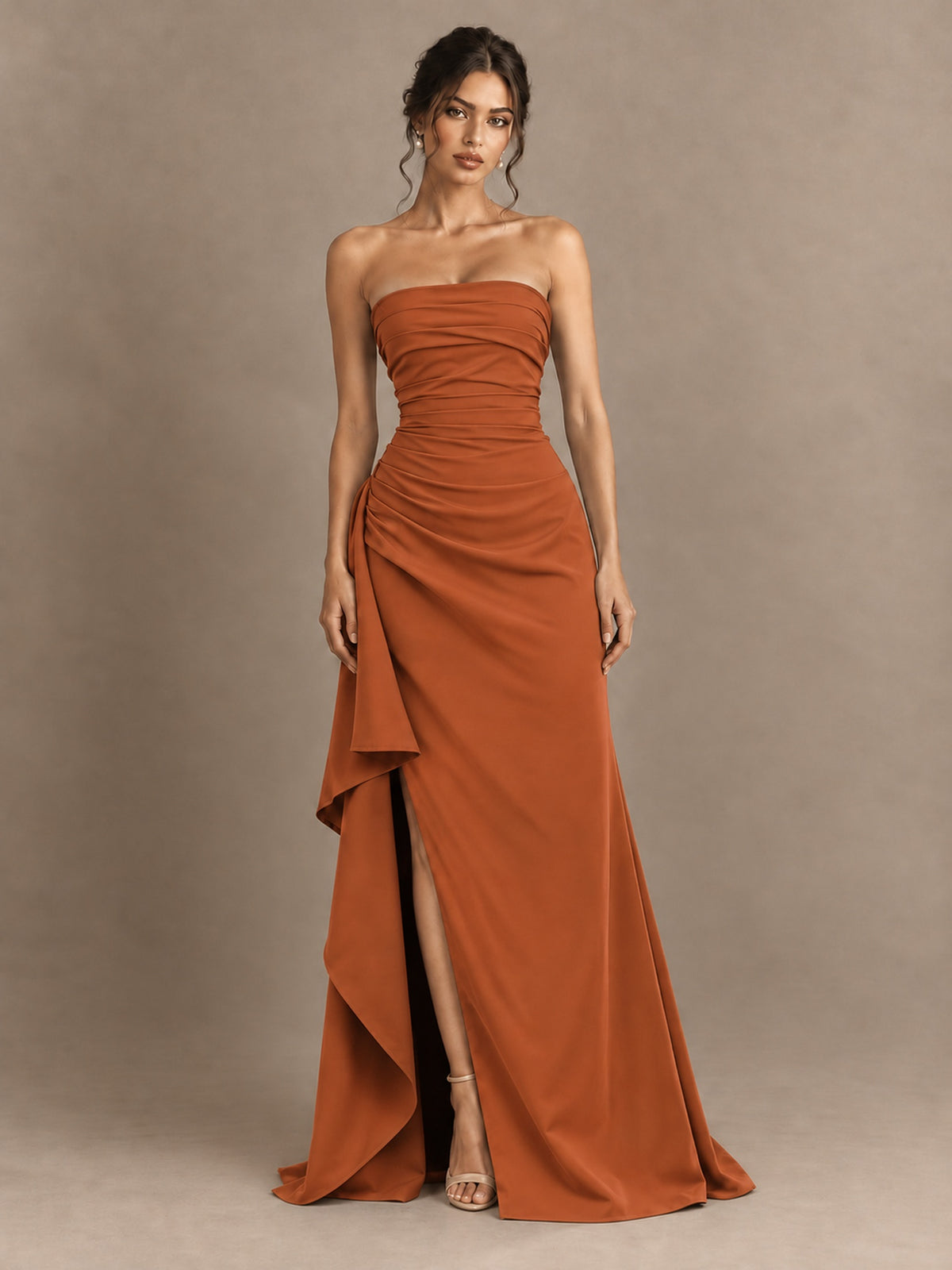 Black and White Strapless Ruched Prom Dress with High Slit & Side Drape