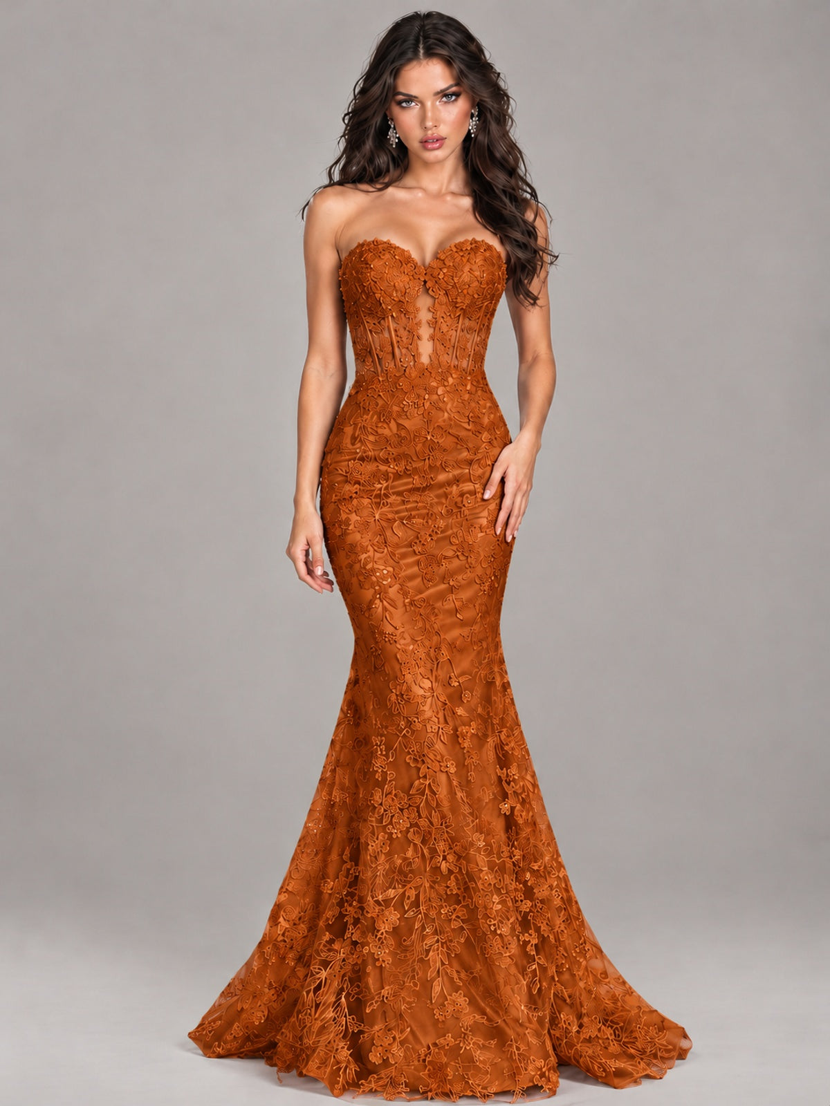 Strapless Corset Mermaid Prom Dress Lace Appliqué Formal Gown