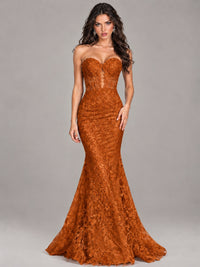 Strapless Corset Mermaid Prom Dress Lace Appliqué Formal Gown