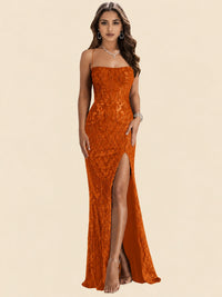 Sequin Lace Appliques Mermaid Prom Dress Spaghetti Strap Formal Gowns with Slit