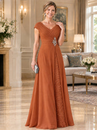 Pleated Chiffon Lace Mother of The Bride Dresses with Beading Cap Sleeves