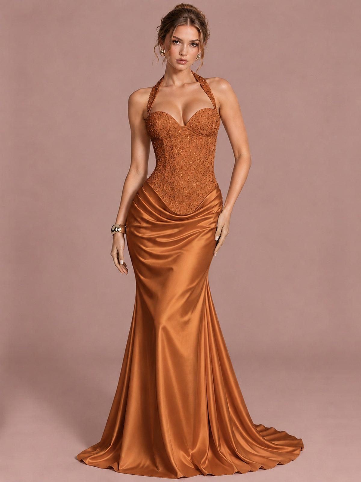 Burnt Orange Sparkling Halter Corset Satin Mermaid Prom Dress Long Ruched Sequin Formal Gown Evening Party Dress