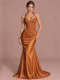 Burnt Orange Sparkling Halter Corset Satin Mermaid Prom Dress Long Ruched Sequin Formal Gown Evening Party Dress