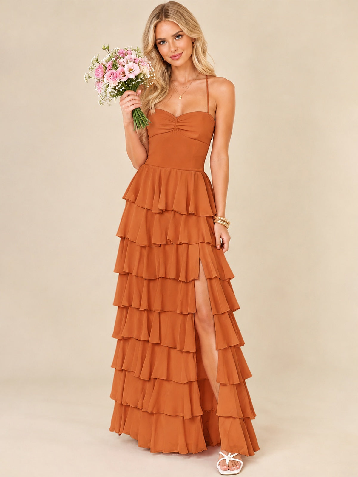 Ruffled Tiered Chiffon Prom Dress Spaghetti Straps Formal Maxi Dress with Slit