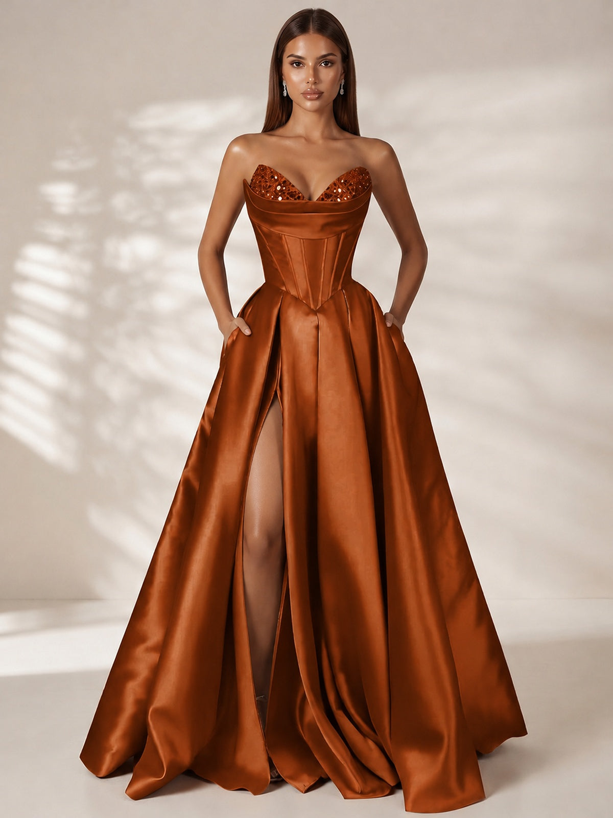 Burnt Orange Strapless Corset Satin Prom Dress Long Evening Gown with High Slit