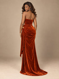 Burgundy Velvet Strapless Ruched Prom Dress with Jeweled Side Drape