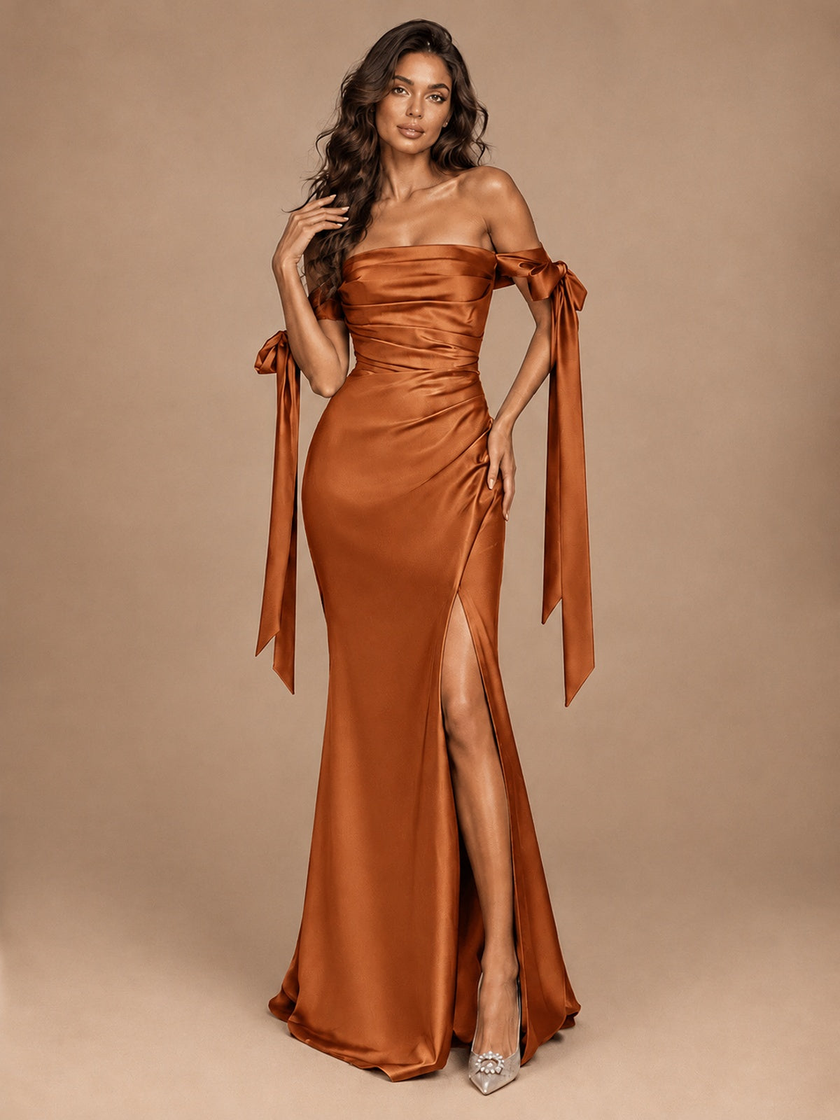 Off The Shuolder Satin Prom Dress Slit Mermaid Formal Gowns