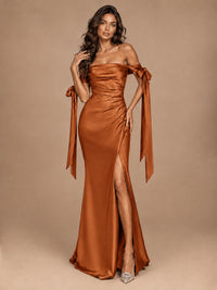 Off The Shuolder Satin Prom Dress Slit Mermaid Formal Gowns