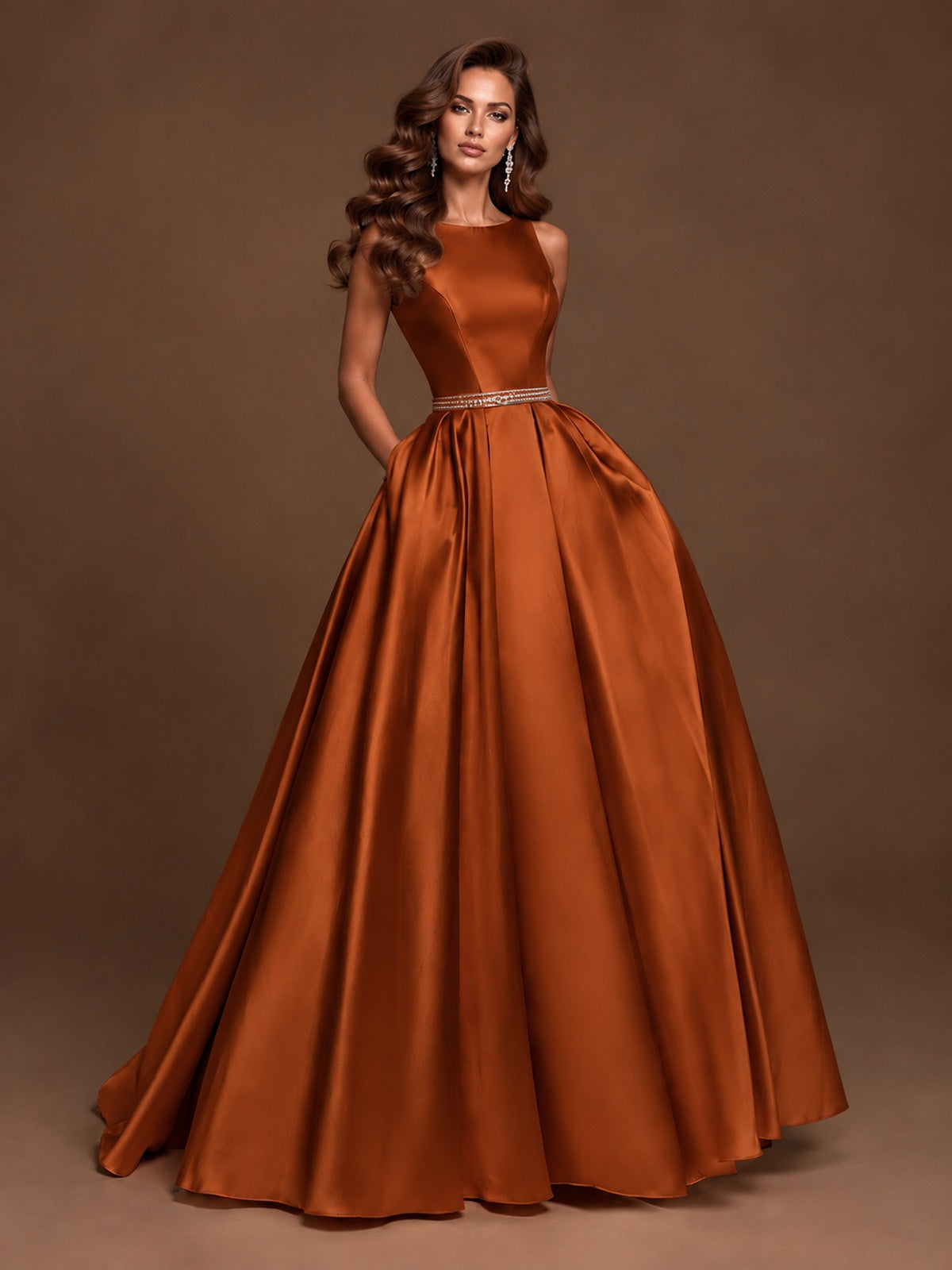 Satin A-Line Prom Dress Sleeveless Beaded Waist Formal Gown with Pockets