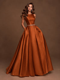Satin A-Line Prom Dress Sleeveless Beaded Waist Formal Gown with Pockets