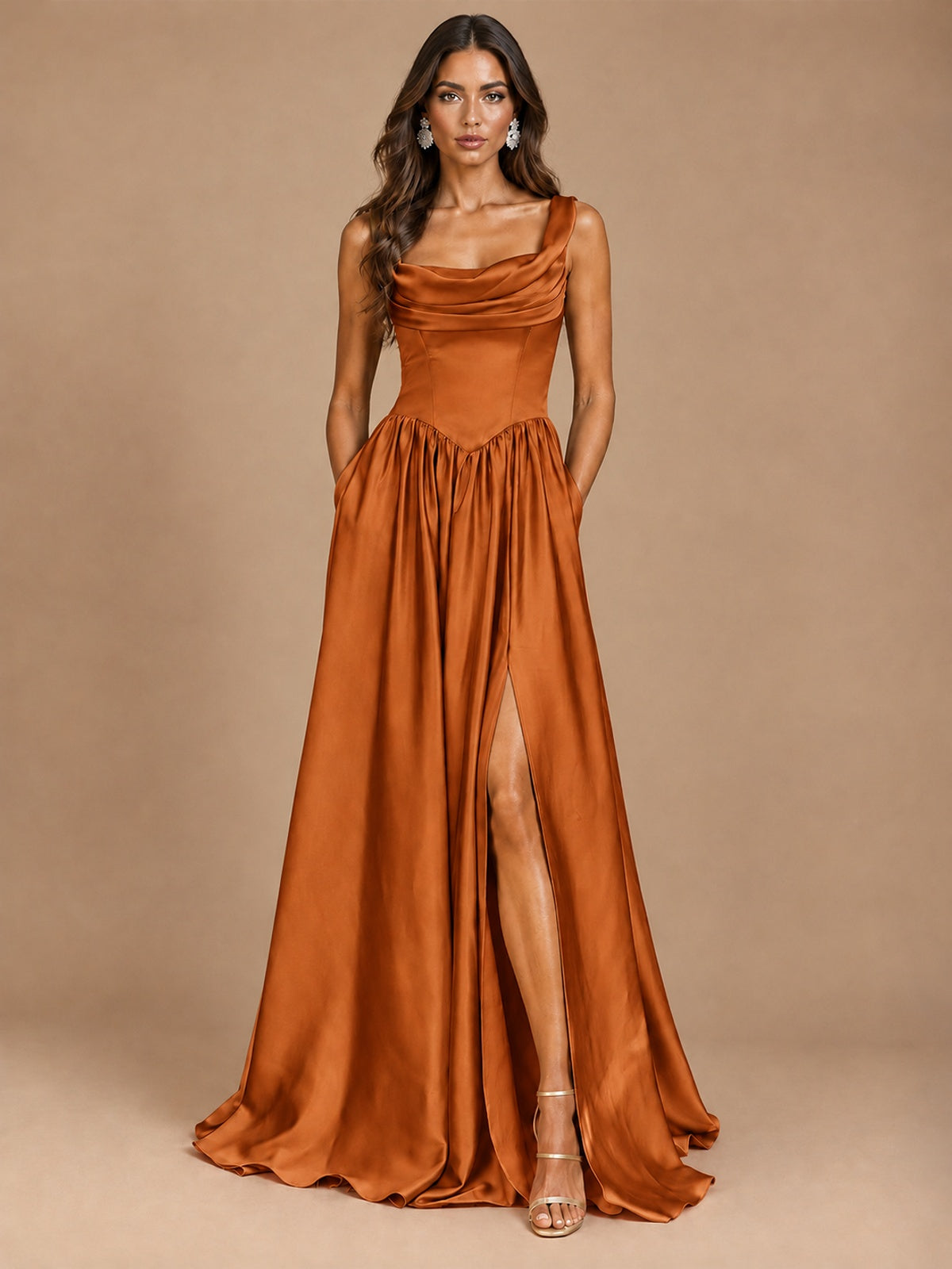 Cowl Neck Pleated Satin Prom Dress with Pockets & Slit Maxi Formal Gowns