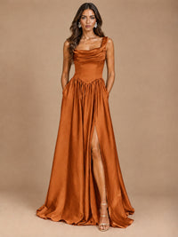 Cowl Neck Pleated Satin Prom Dress with Pockets & Slit Maxi Formal Gowns