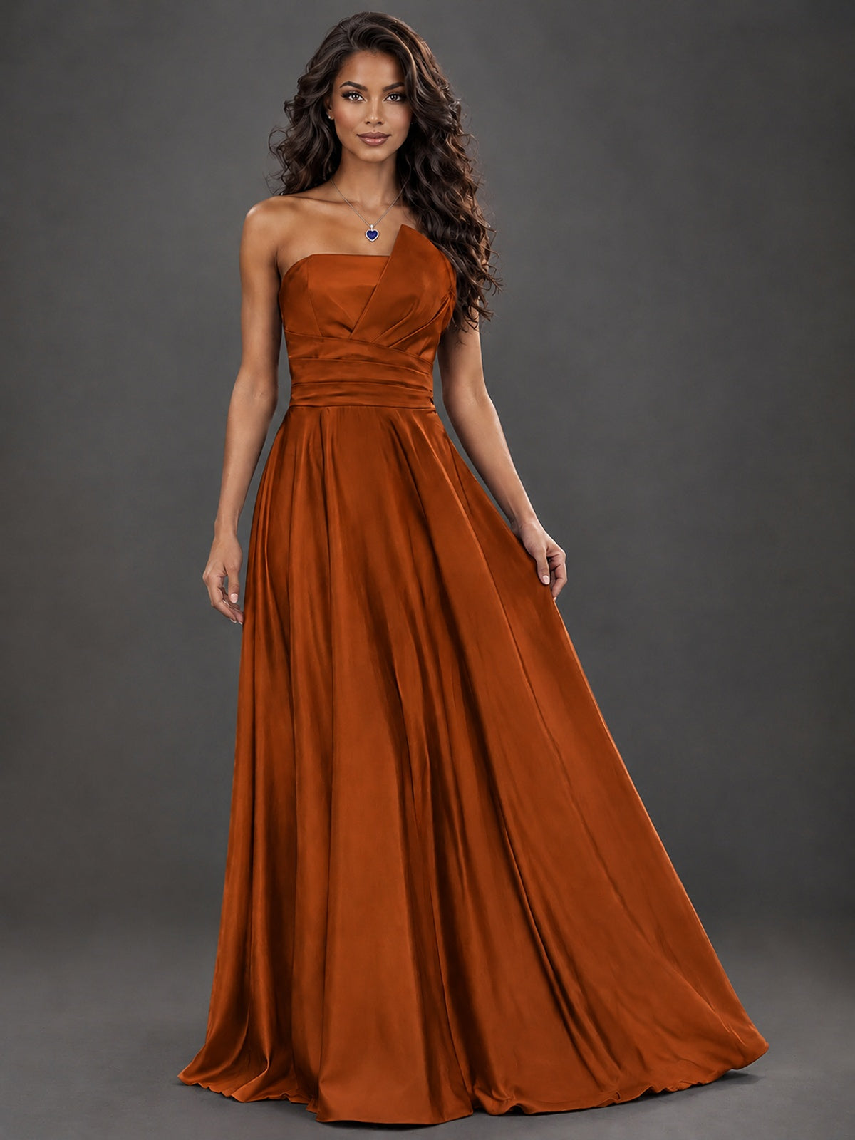 Draped Satin Prom Dress Strapless A-line Formal Dress Floor Length