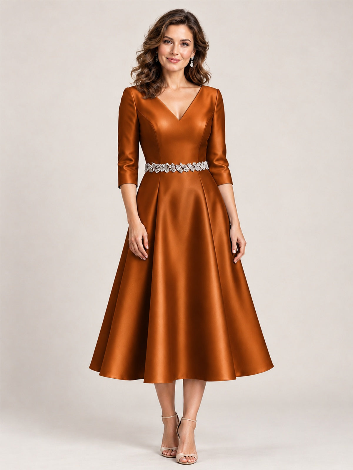 Burnt Orange V-Neck Tea-Length Mother of the Bride Dress with Embellished Waist