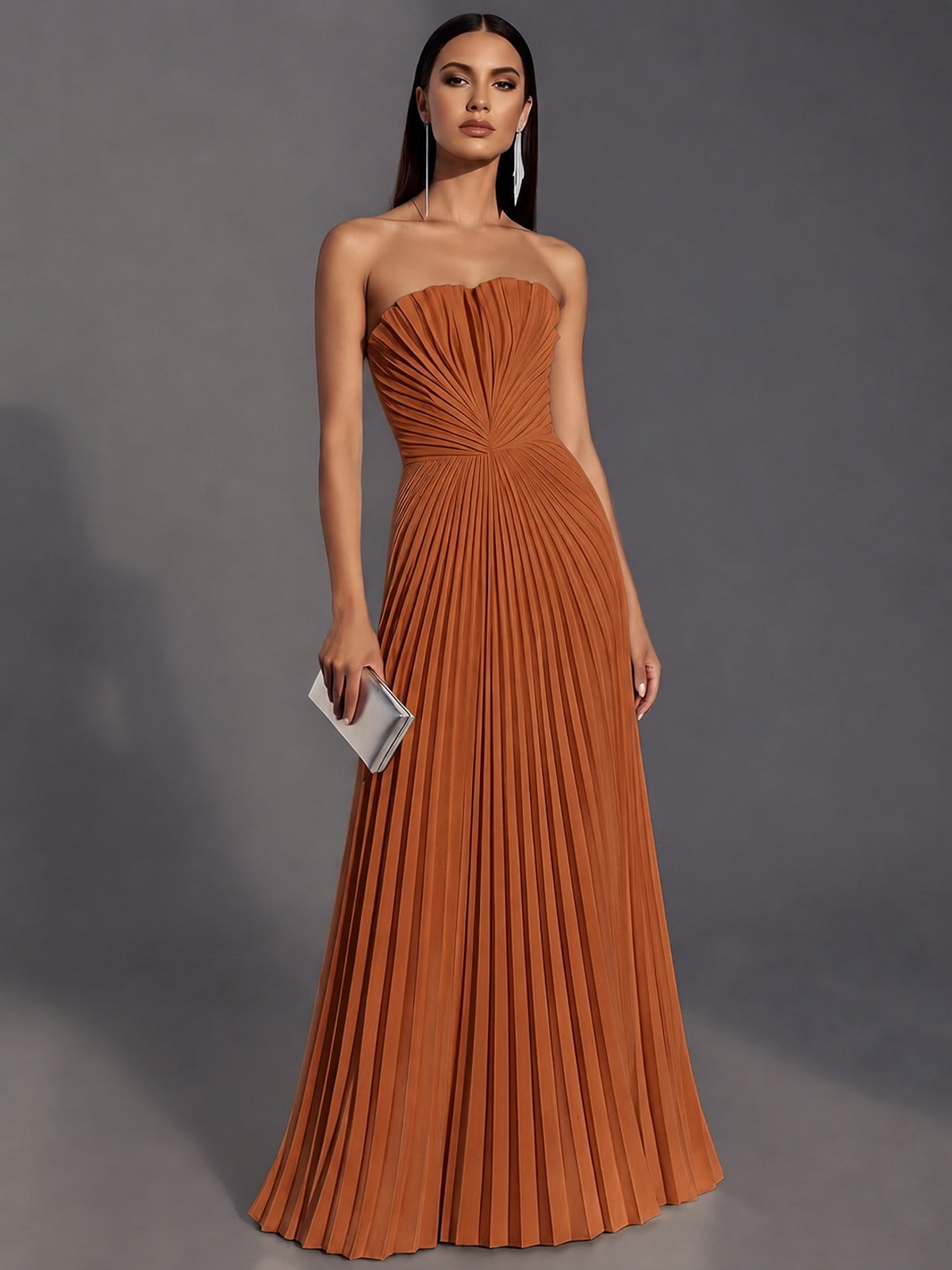 Burnt Orange Strapless Pleated Satin Prom Dress Long Formal Gown Evening Dress