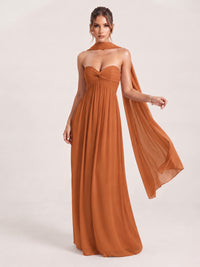 Burnt Orange Strapless Ruched Chiffon Long Prom Dress with Scarf A-line Sweetheart Ruffled Formal Wedding Guest Dress Evening Gown