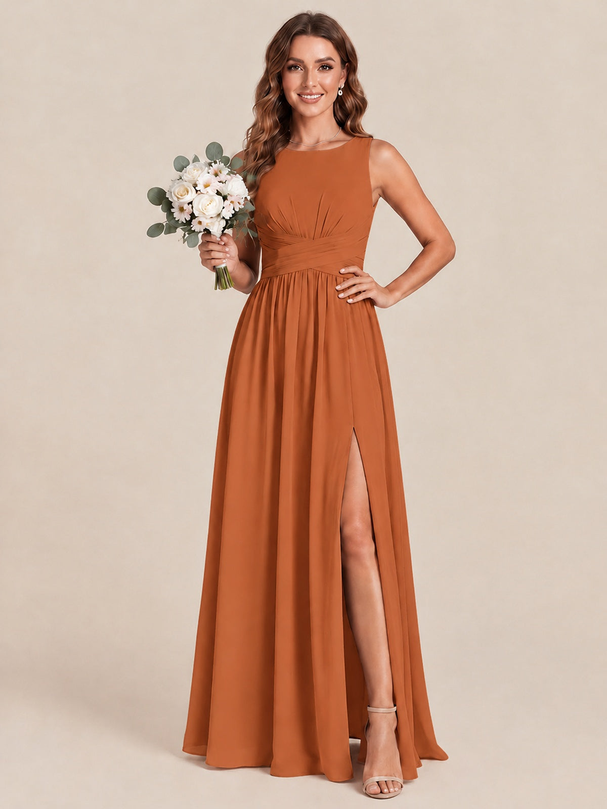 A-line Sleeveless Rucehd Chiffon Bridesmaid Dress with High Slit