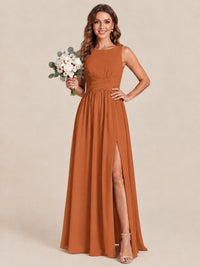 A-line Sleeveless Rucehd Chiffon Bridesmaid Dress with High Slit