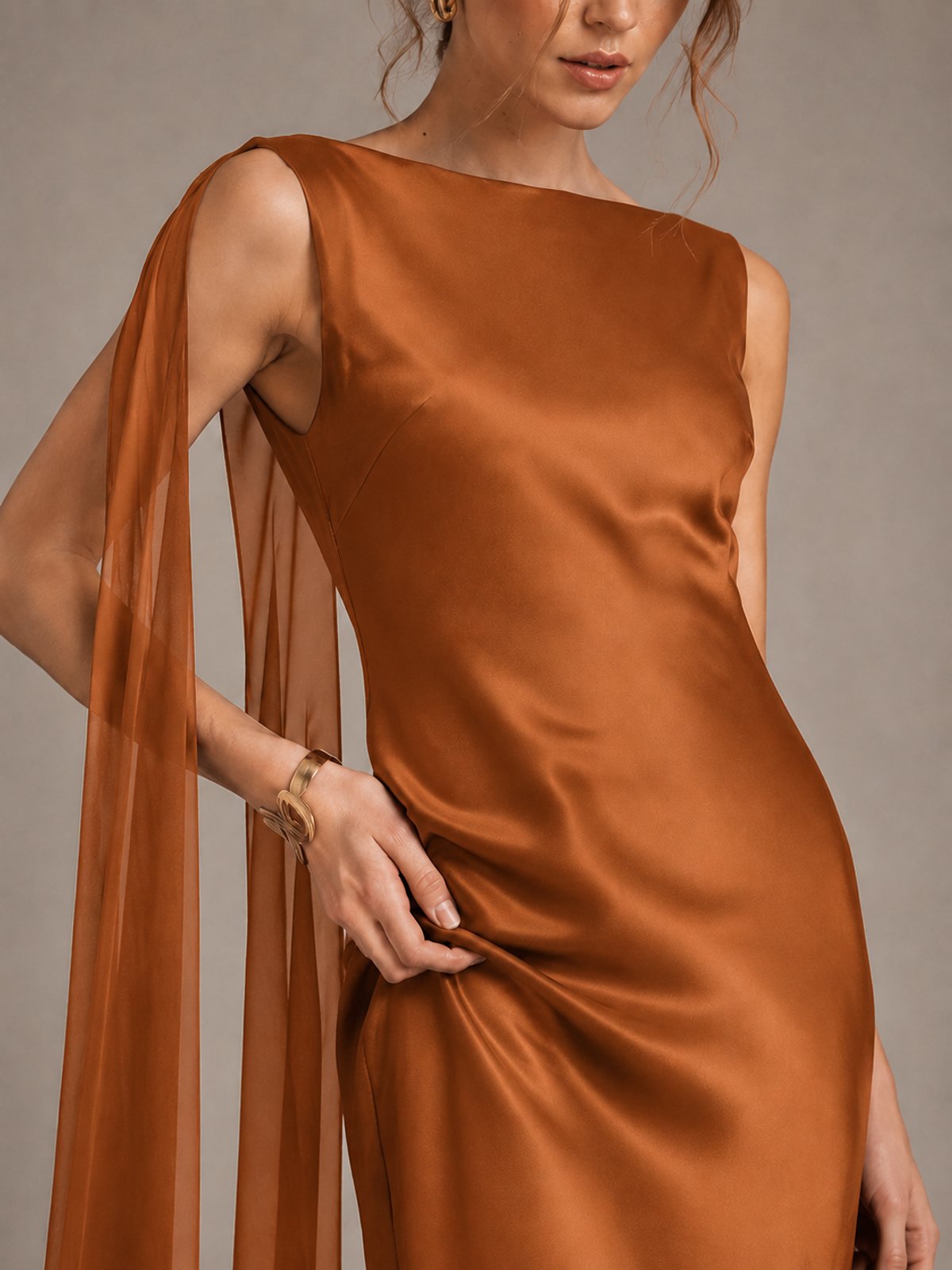 Burgundy Satin Mermaid Cape Maxi Dress