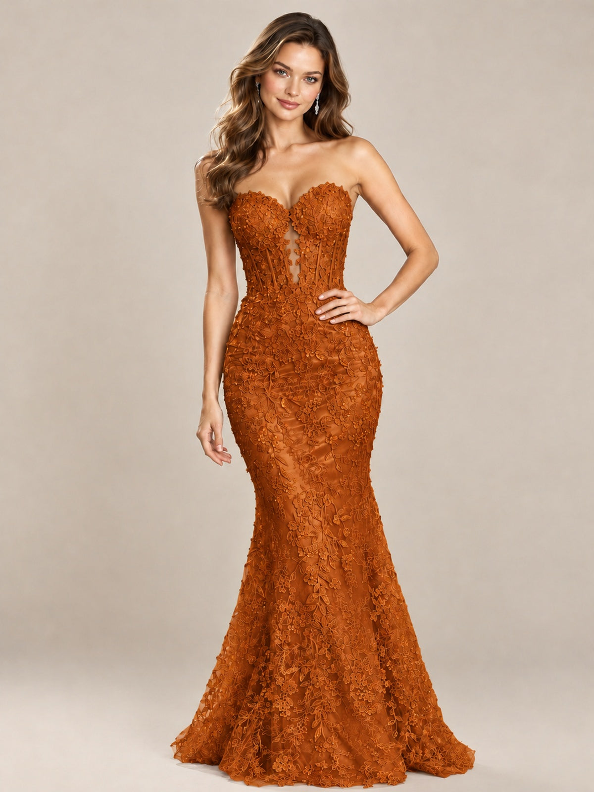 Strapless Corset Mermaid Prom Dress with Floral Lace Appliqué