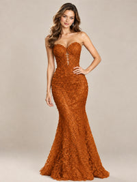 Strapless Corset Mermaid Prom Dress with Floral Lace Appliqué