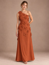 Burnt Orange- One Shoulder Satin Formal Maxi Dress with 3D Floral