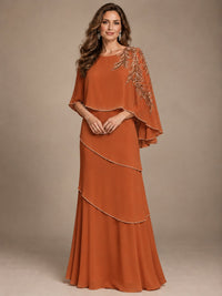 Elegant Chiffon Cape Sleeve Beaded Mother of the Bride Dress