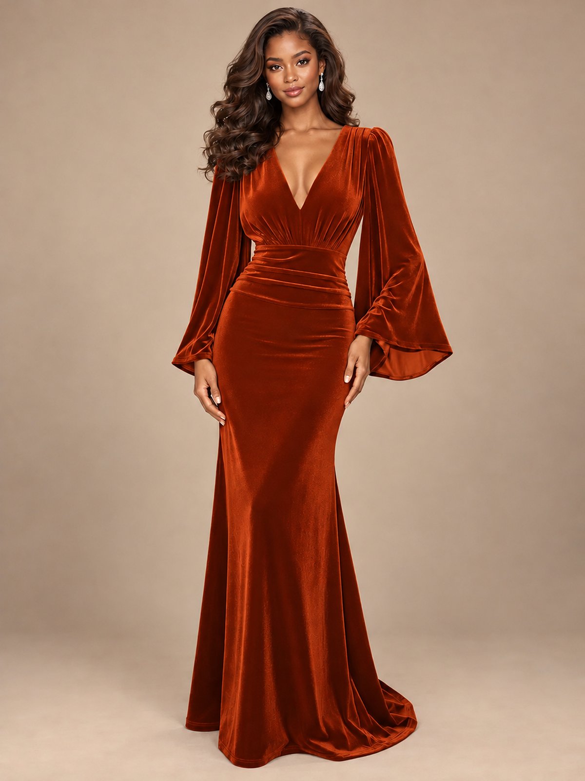 Burgundy Velvet Deep V-Neck Ruched Long Sleeve Maxi Dress