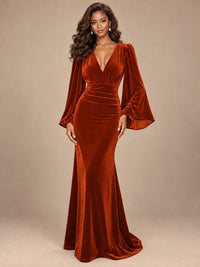 Burgundy Velvet Deep V-Neck Ruched Long Sleeve Maxi Dress