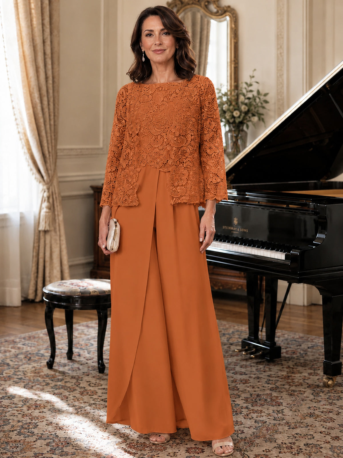 Elegant 3-Piece Chiffon Mother of the Bride Pantsuit with Floral Applique Jacket