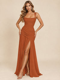 Wrap Pleated Prom Dress Scoop Neck with Slit Women Wedding Formal Dress