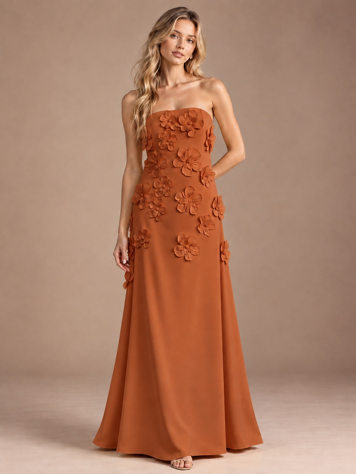 Burnt Orange-Strapless 3D Floral A-line Satin Prom Maxi Dress Formal Evening Gown