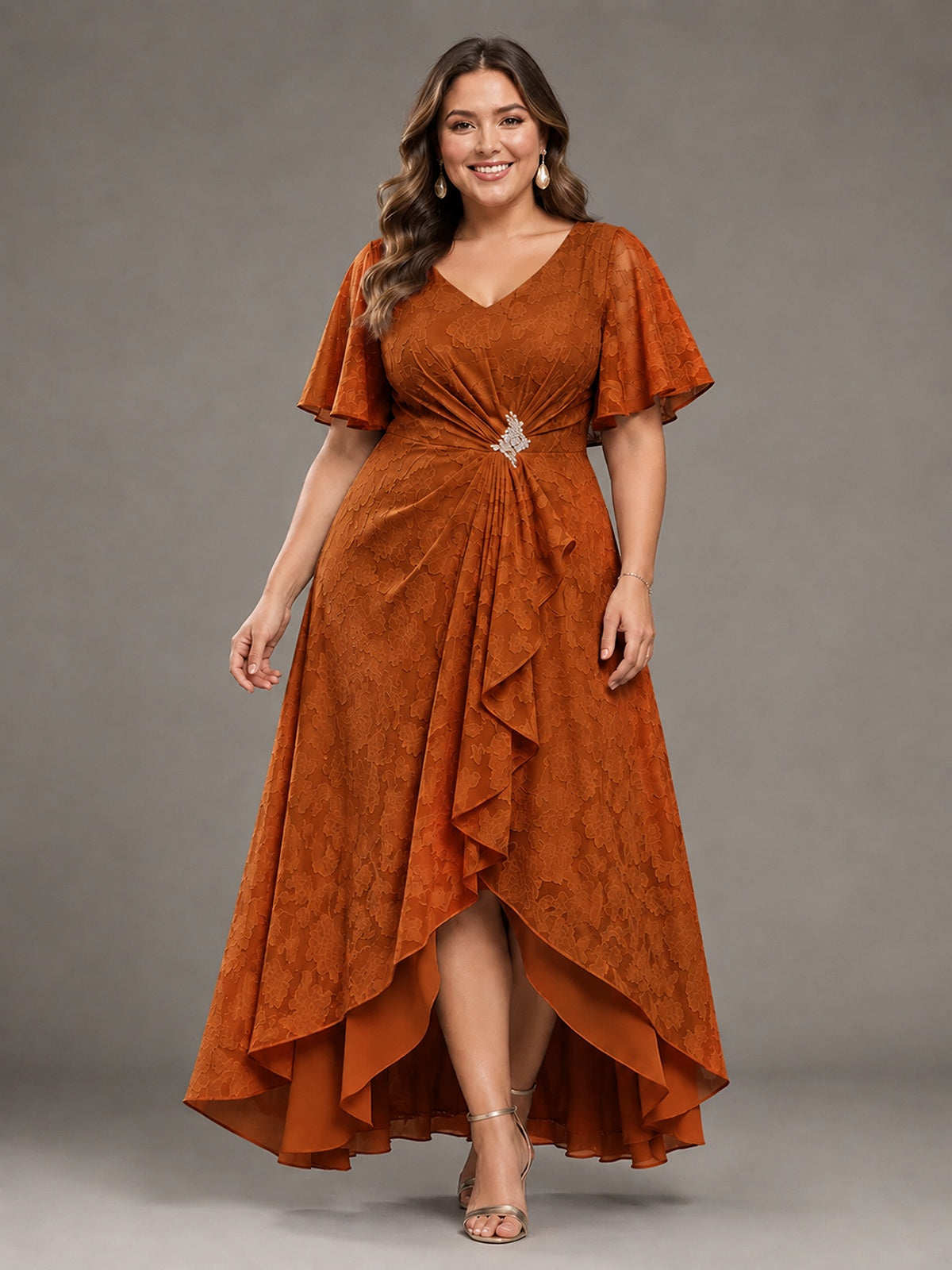 Jacquard Chiffon A-Line V-Neck High-Low Mother of the Bride Dress