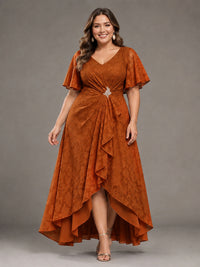 Jacquard Chiffon A-Line V-Neck High-Low Mother of the Bride Dress
